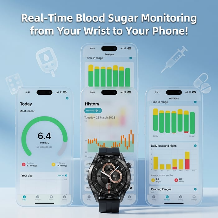 🔥🔥🔥HW Painless Blood Glucose ALL DAY Monitoring Smart Bluetooth Watch